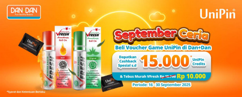 September Ceria UniPin x Dan+Dan! Double Bonus, Cashback Rp15.000 UniPin Credits & Tebus Murah VFresh!